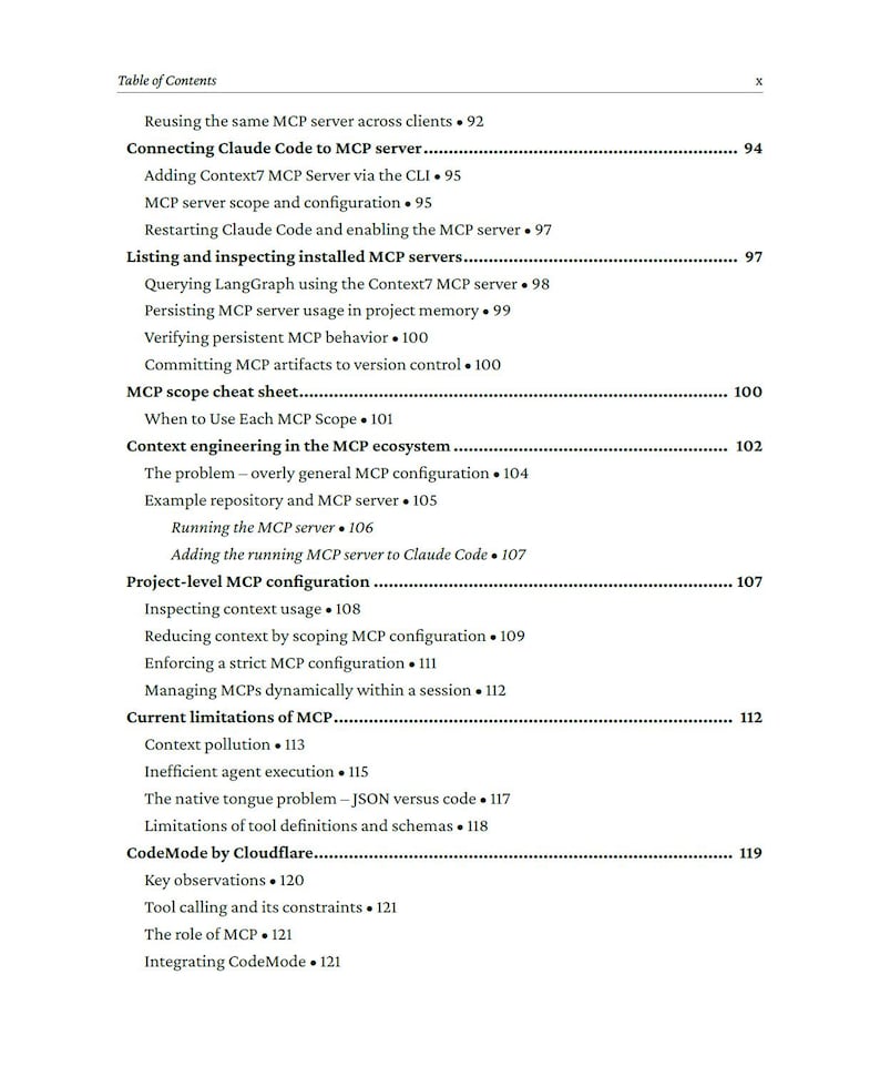 Op de afbeelding: Een pagina uit een technisch handboek met een inhoudsopgave. De tekst bevat onderwerpen als "Connecting Claude Code to MCP server", "Context engineering" en "CodeMode by Cloudflare". De lay-out is overzichtelijk met duidelijke koppen en paginanummers.