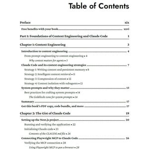 Op de afbeelding: Een witte pagina uit een boek met een "Inhoudsopgave". De zwarte tekst geeft hoofdstuktitels en subkoppen weer, zoals "Context Engineering" en "Claude Code". Paginanummers staan aan de rechterkant.