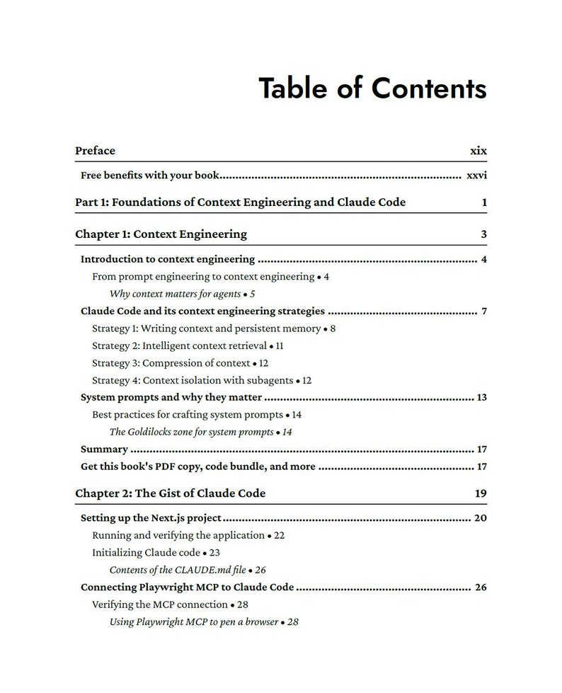 Op de afbeelding: Een witte pagina uit een boek met een "Inhoudsopgave". De zwarte tekst geeft hoofdstuktitels en subkoppen weer, zoals "Context Engineering" en "Claude Code". Paginanummers staan aan de rechterkant.