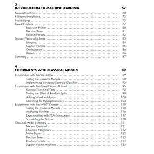 May include: A book page with the title "PART II CLASSICAL MACHINE LEARNING." The page contains a table of contents for a machine learning textbook, listing topics such as "Introduction to Machine Learning" and "Experiments with Classical Models."