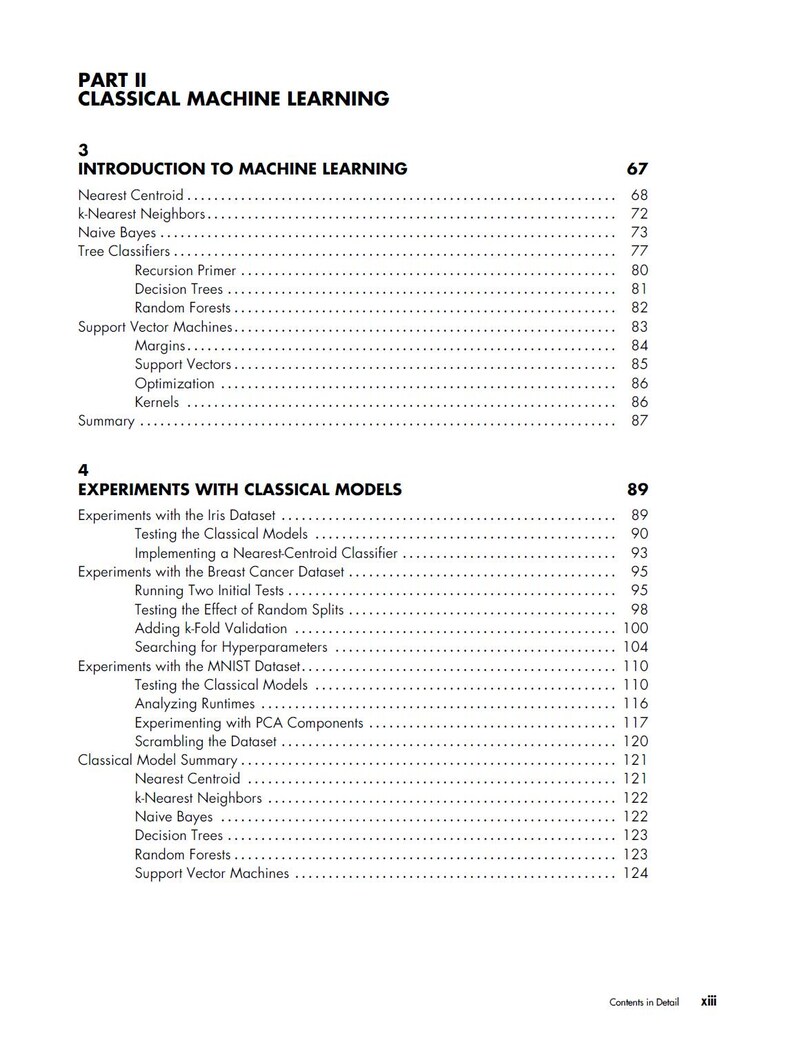 May include: A book page with the title "PART II CLASSICAL MACHINE LEARNING." The page contains a table of contents for a machine learning textbook, listing topics such as "Introduction to Machine Learning" and "Experiments with Classical Models."