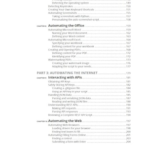 May include: A page from "Python Automation For Dummies" with a table of contents. Chapters cover automating the office, the internet, and the web. Topics include APIs, PDFs, and web browsers.