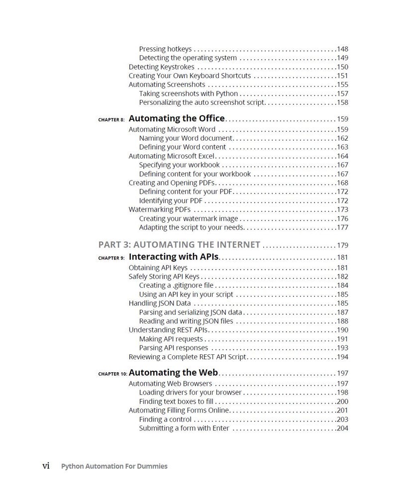 May include: A page from "Python Automation For Dummies" with a table of contents. Chapters cover automating the office, the internet, and the web. Topics include APIs, PDFs, and web browsers.
