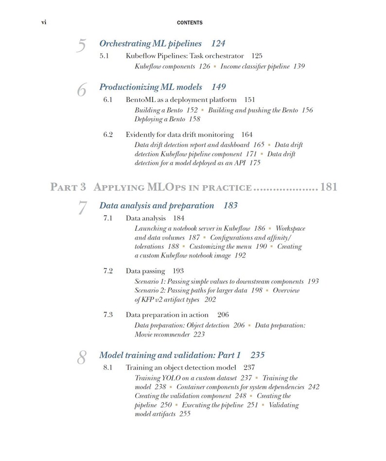 Op de afbeelding: Een pagina uit een boek met een inhoudsopgave. De tekst bevat titels als "Orchestrating ML pipelines", "Productionizing ML models" en "Model training and validation". De pagina is wit met zwarte tekst.