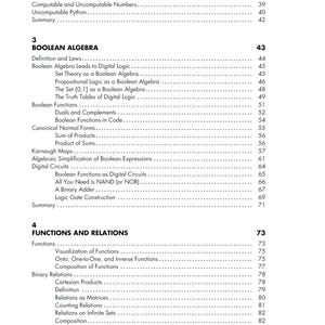Pode incluir: Uma p&aacute;gina de livro did&aacute;tico com os t&iacute;tulos "&Aacute;lgebra Booleana" e "Fun&ccedil;&otilde;es e Rela&ccedil;&otilde;es". O texto inclui subt&oacute;picos como "Defini&ccedil;&atilde;o e Leis" e "Produtos Cartesianos". Os n&uacute;meros das p&aacute;ginas s&atilde;o vis&iacute;veis.