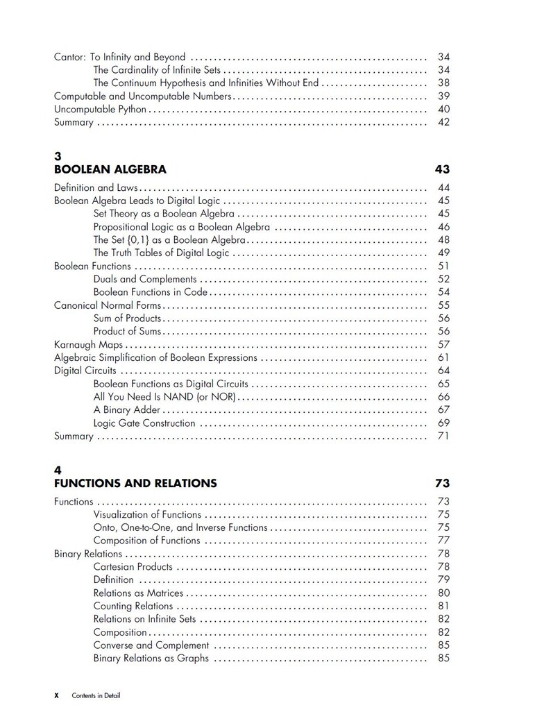 Pode incluir: Uma p&aacute;gina de livro did&aacute;tico com os t&iacute;tulos "&Aacute;lgebra Booleana" e "Fun&ccedil;&otilde;es e Rela&ccedil;&otilde;es". O texto inclui subt&oacute;picos como "Defini&ccedil;&atilde;o e Leis" e "Produtos Cartesianos". Os n&uacute;meros das p&aacute;ginas s&atilde;o vis&iacute;veis.