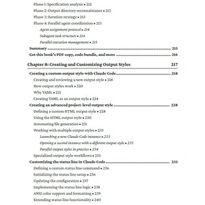 Op de afbeelding: Een pagina uit een boek met een inhoudsopgave. Titels zijn onder meer 'Creating and Customizing Output Styles' en 'Customizing the status line in Claude Code'. Paginanummers zijn zichtbaar.