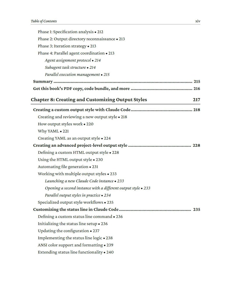 Op de afbeelding: Een pagina uit een boek met een inhoudsopgave. Titels zijn onder meer 'Creating and Customizing Output Styles' en 'Customizing the status line in Claude Code'. Paginanummers zijn zichtbaar.