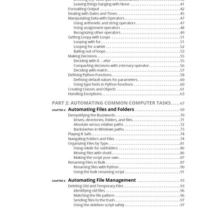 May include: A page from "Python Automation For Dummies" with a table of contents. The text includes topics like "Automating Files and Folders" and "Automating File Management". The page has a white background with black text.
