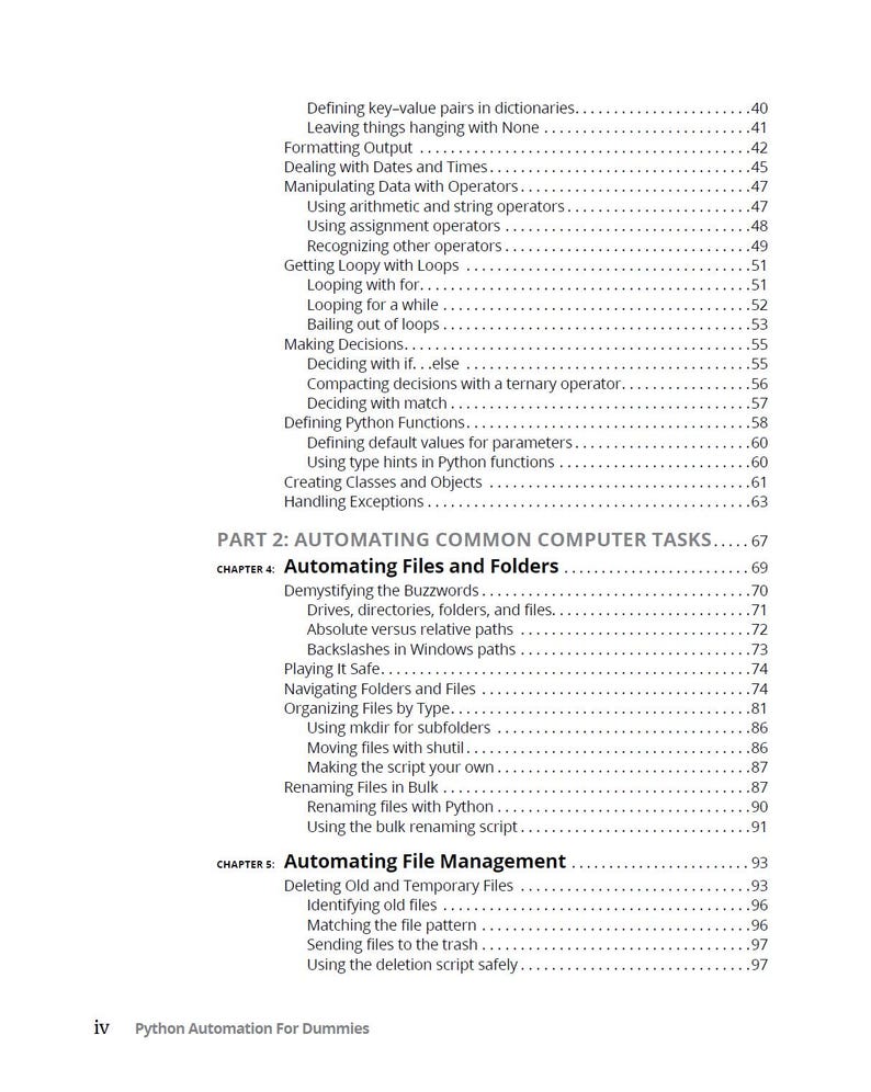 May include: A page from "Python Automation For Dummies" with a table of contents. The text includes topics like "Automating Files and Folders" and "Automating File Management". The page has a white background with black text.