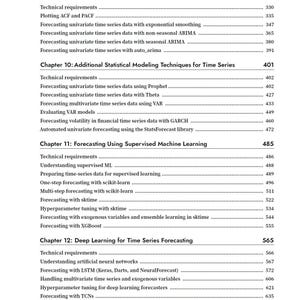 K&ouml;nnte beinhalten: Eine schwarz-wei&szlig;e Inhaltsverzeichnisseite aus einem Fachbuch. Sie listet die Kapitel 9 bis 12 auf, die univariate Zeitreihenmodelle, statistische Modellierungstechniken, &uuml;berwachtes maschinelles Lernen und Deep Learning zur Prognose behandeln.