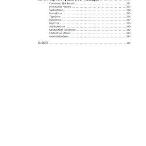 May include: A white page with the title "Top Ten Python Error Messages" and a list of error types, including "Command Not Found" and "SyntaxError." The page is from a book, with a table of contents and an index.