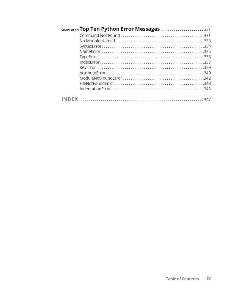 May include: A white page with the title "Top Ten Python Error Messages" and a list of error types, including "Command Not Found" and "SyntaxError." The page is from a book, with a table of contents and an index.