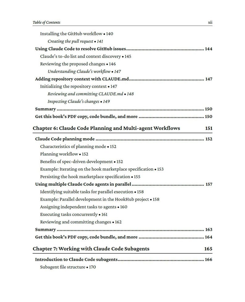 Op de afbeelding: Een pagina uit een boek met een inhoudsopgave, met onderwerpen als "Installing the GitHub workflow" en "Using Claude Code to resolve GitHub issues." De tekst is zwart op een witte achtergrond.