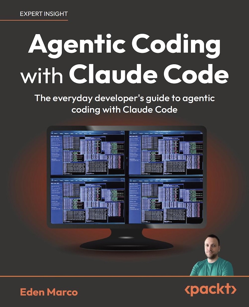Op de afbeelding: Boekomslag met de titel "Agentic Coding with Claude Code" en de ondertitel "The everyday developer's guide to agentic coding with Claude Code." De afbeelding toont een computerscherm met code. De auteur is Eden Marco.