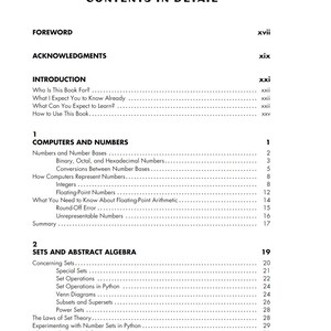 Pode incluir: P&aacute;gina de livro com o t&iacute;tulo "CONTENTS IN DETAIL" no topo. A p&aacute;gina lista o pref&aacute;cio, os agradecimentos e a introdu&ccedil;&atilde;o, seguidos de cap&iacute;tulos sobre computadores, n&uacute;meros, conjuntos e &aacute;lgebra abstrata. Texto preto sobre fundo branco.