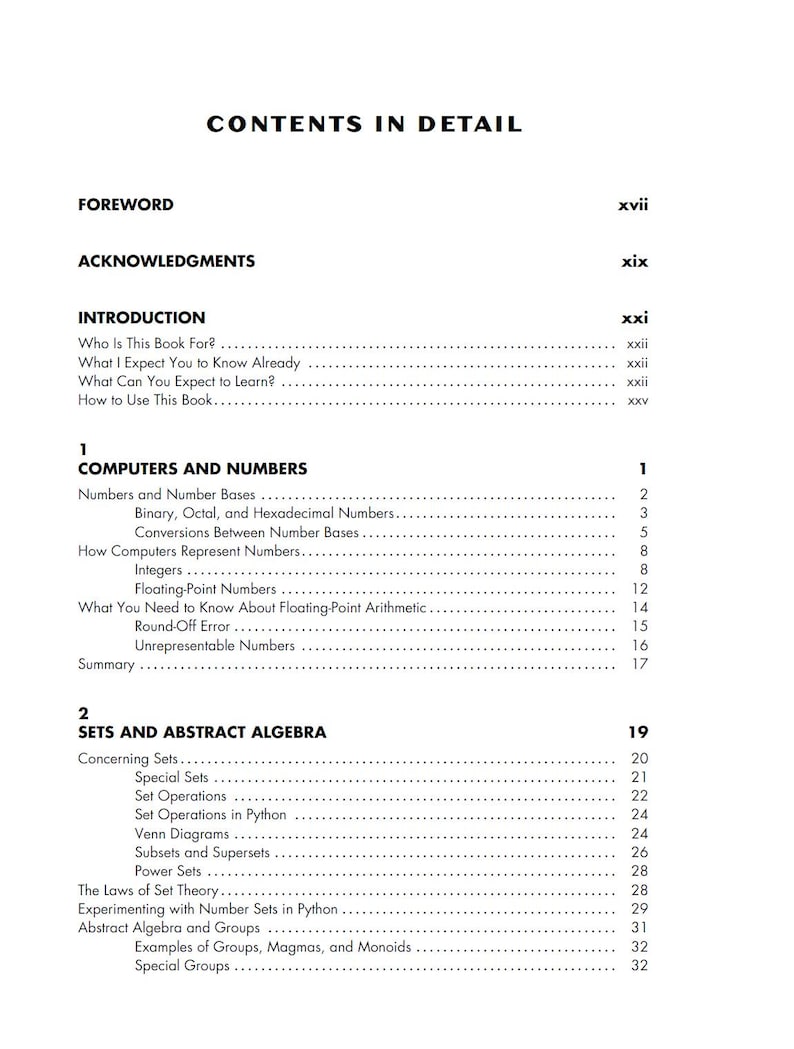 Pode incluir: P&aacute;gina de livro com o t&iacute;tulo "CONTENTS IN DETAIL" no topo. A p&aacute;gina lista o pref&aacute;cio, os agradecimentos e a introdu&ccedil;&atilde;o, seguidos de cap&iacute;tulos sobre computadores, n&uacute;meros, conjuntos e &aacute;lgebra abstrata. Texto preto sobre fundo branco.