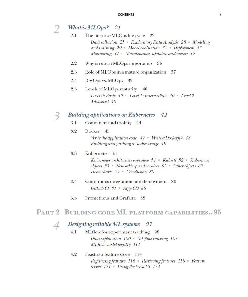Op de afbeelding: Een pagina uit een boek met een inhoudsopgave. De titels zijn onder meer "What is MLOps?", "Building applications on Kubernetes" en "Designing reliable ML systems". De tekst is zwart op een witte achtergrond.