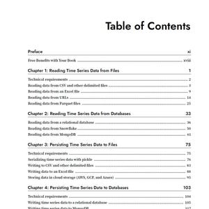 K&ouml;nnte beinhalten: Eine schwarz-wei&szlig;e Inhaltsverzeichnisseite mit dem Titel Table of Contents, die Kapitel und Abschnitte wie Reading Time Series Data from Files, Reading Time Series Data from Databases, Persisting Time Series Data to Files und Persisting Time Series Data to Databases mit den entsprechenden Seitenzahlen auflistet.