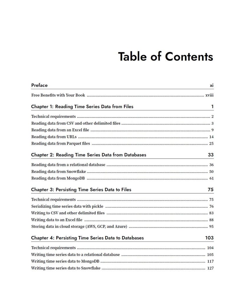 K&ouml;nnte beinhalten: Eine schwarz-wei&szlig;e Inhaltsverzeichnisseite mit dem Titel Table of Contents, die Kapitel und Abschnitte wie Reading Time Series Data from Files, Reading Time Series Data from Databases, Persisting Time Series Data to Files und Persisting Time Series Data to Databases mit den entsprechenden Seitenzahlen auflistet.