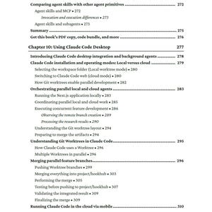 Op de afbeelding: Een pagina met de inhoudsopgave van een boek, met onderwerpen als Claude Code Desktop en Git worktrees. De pagina toont sectietitels, paginanummers en subonderwerpen in zwarte tekst op een witte achtergrond, typisch voor een technisch handboek.
