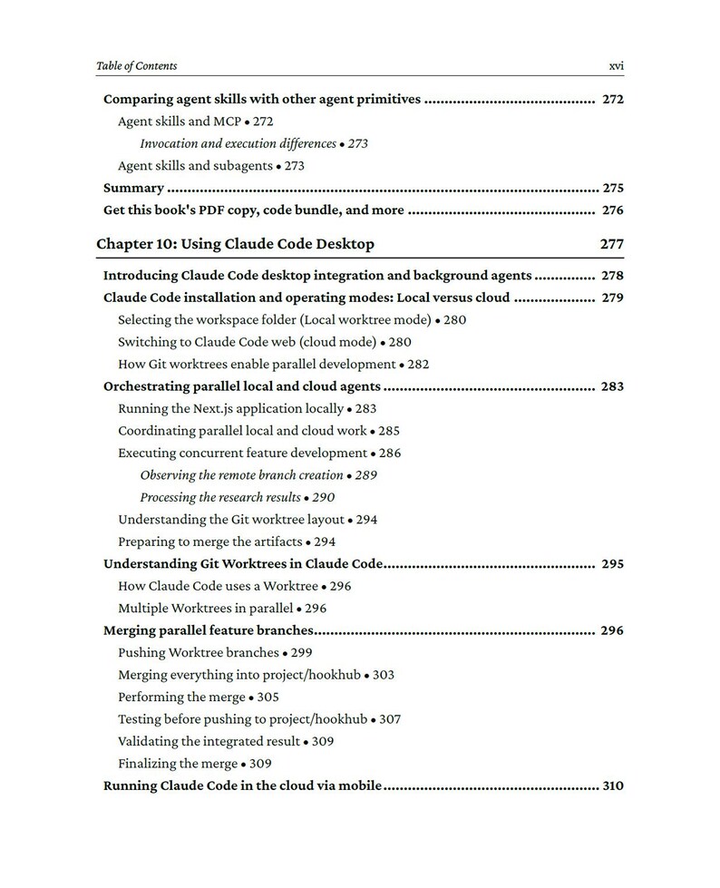 Op de afbeelding: Een pagina met de inhoudsopgave van een boek, met onderwerpen als Claude Code Desktop en Git worktrees. De pagina toont sectietitels, paginanummers en subonderwerpen in zwarte tekst op een witte achtergrond, typisch voor een technisch handboek.