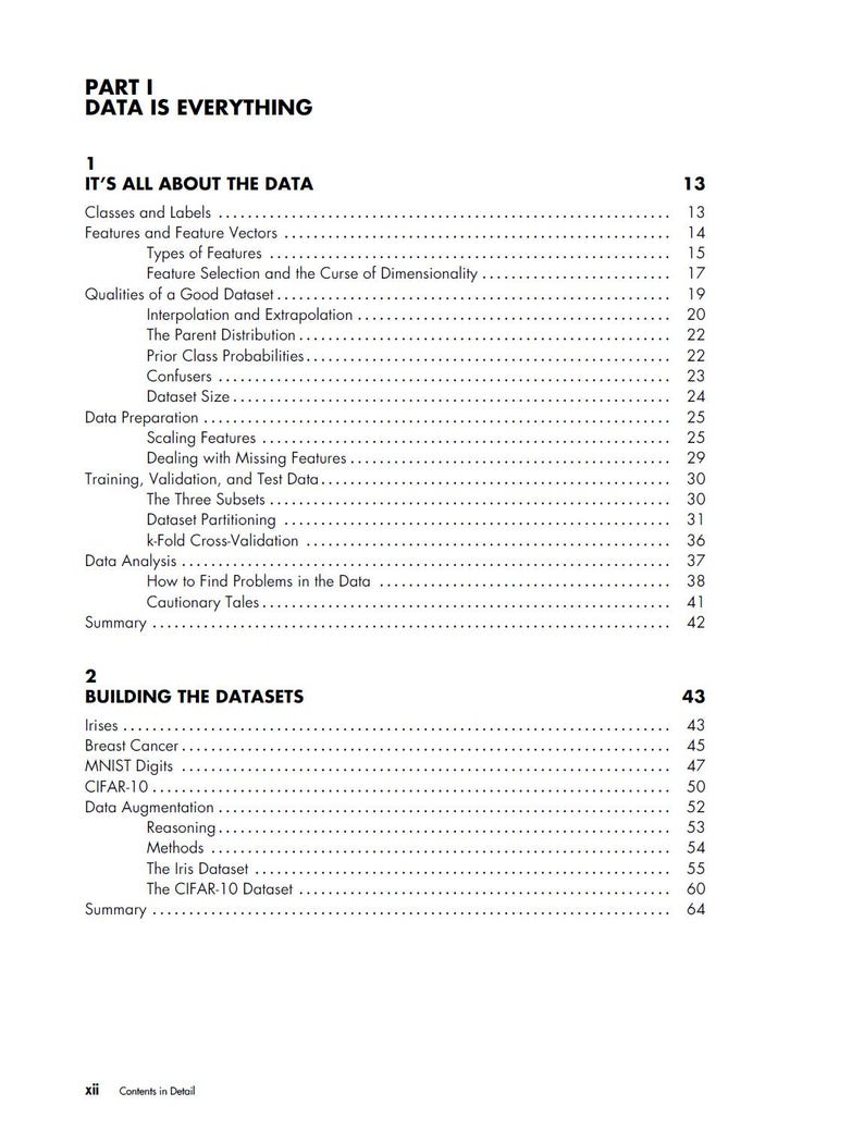 May include: A page from a book titled "Data is Everything" with a table of contents. The table lists topics such as "Classes and Labels", "Data Preparation", and "Building the Datasets". The page is white with black text.