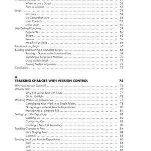 以下が含まれることがあります： 「Pythonスクリプトによるタスクの自動化」と「バージョン管理による変更の追跡」というタイトルの本の一ページ。目次には、ループ、ユーザー定義関数、Gitリポジトリなどのトピックが記載されています。ページ番号が表示されています。
