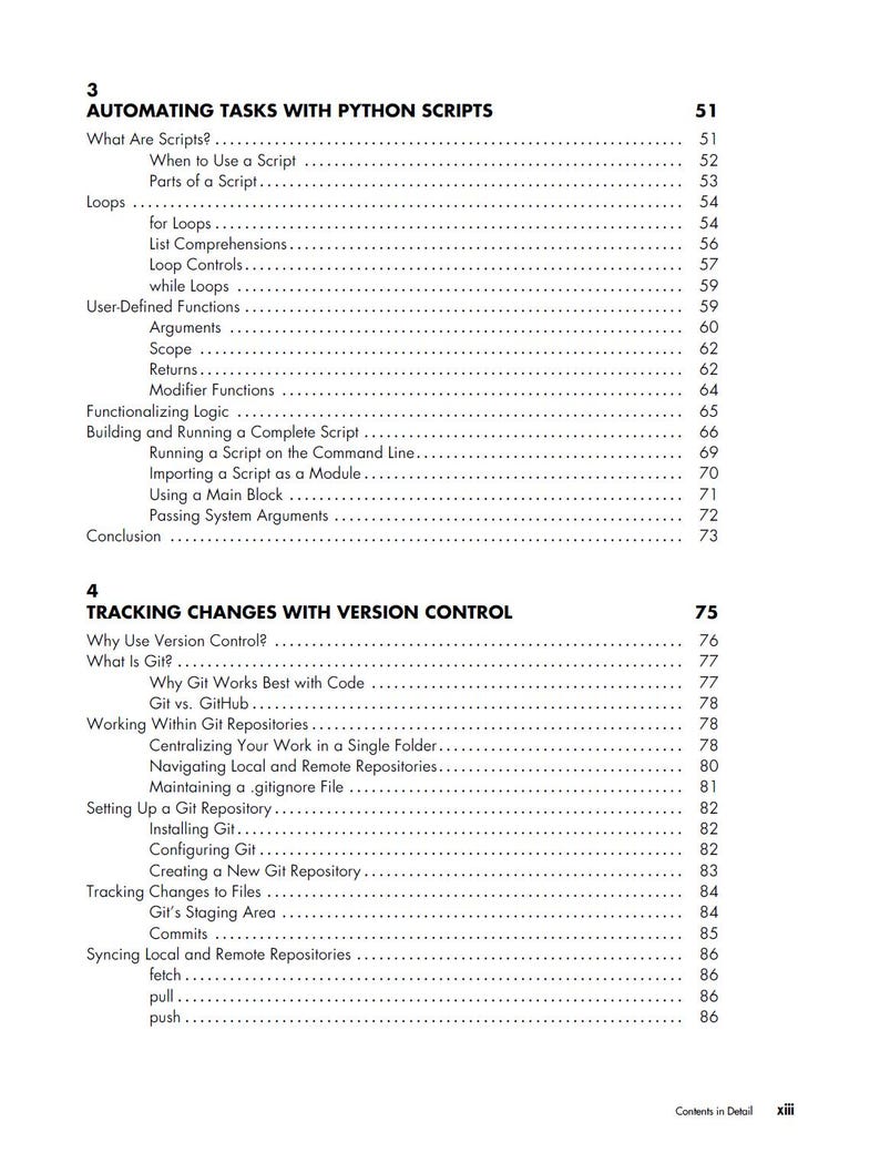 以下が含まれることがあります： 「Pythonスクリプトによるタスクの自動化」と「バージョン管理による変更の追跡」というタイトルの本の一ページ。目次には、ループ、ユーザー定義関数、Gitリポジトリなどのトピックが記載されています。ページ番号が表示されています。