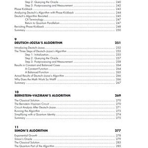Op de afbeelding: Een gedetailleerde inhoudsopgave uit een boek, met titels en paginanummers. Belangrijke secties zijn onder meer "Deutsch-Jozsa's Algorithm", "Bernstein-Vazirani's Algorithm" en "Simon's Algorithm". De tekst is zwart op een witte achtergrond.