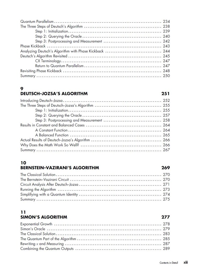 Op de afbeelding: Een gedetailleerde inhoudsopgave uit een boek, met titels en paginanummers. Belangrijke secties zijn onder meer "Deutsch-Jozsa's Algorithm", "Bernstein-Vazirani's Algorithm" en "Simon's Algorithm". De tekst is zwart op een witte achtergrond.