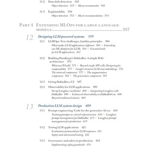 Op de afbeelding: Een inhoudsopgave van een boek met titels en subkoppen. De tekst omvat onderwerpen als datadriftdetectie, verklaarbaarheid en LLM-gestuurde systemen. Paginanummers zijn zichtbaar en het ontwerp is helder en overzichtelijk.