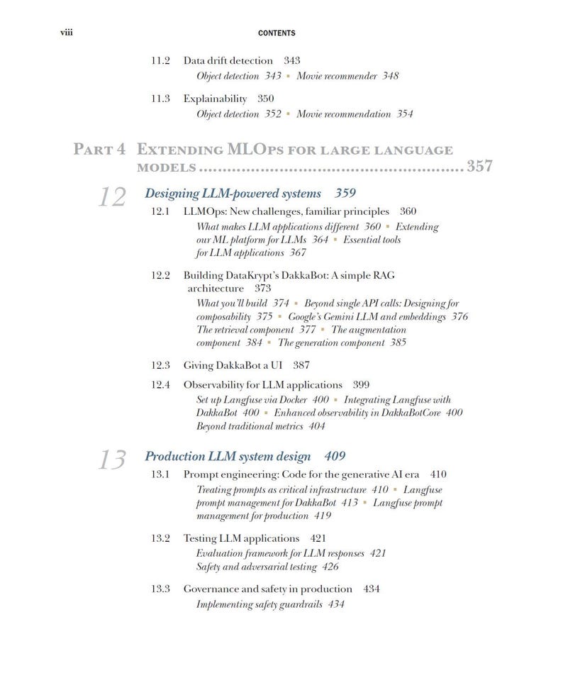 Op de afbeelding: Een inhoudsopgave van een boek met titels en subkoppen. De tekst omvat onderwerpen als datadriftdetectie, verklaarbaarheid en LLM-gestuurde systemen. Paginanummers zijn zichtbaar en het ontwerp is helder en overzichtelijk.