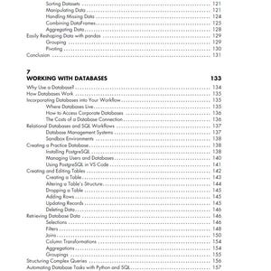 以下が含まれることがあります： 「データベースの操作」や「PostgreSQLのインストール」などのタイトルが記載された、技術書の詳細な目次。ページは白地に黒文字で、ページ番号も含まれています。