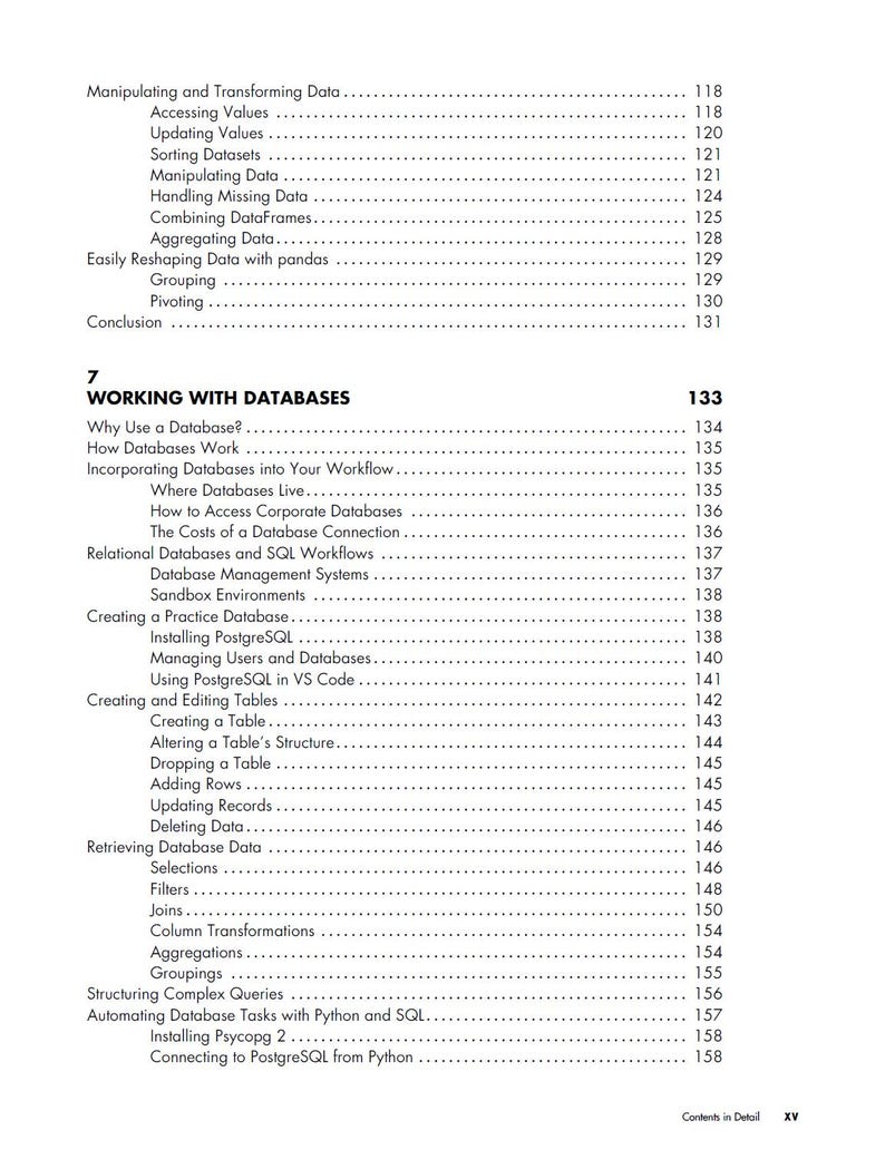 以下が含まれることがあります： 「データベースの操作」や「PostgreSQLのインストール」などのタイトルが記載された、技術書の詳細な目次。ページは白地に黒文字で、ページ番号も含まれています。