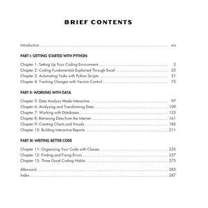 以下が含まれることがあります： 黒い太字で「BRIEF CONTENTS」と書かれた白いページ。内容は、Pythonコーディング、データ分析、より良いコードの書き方に関する章をリストしています。ページ番号は右側にあります。