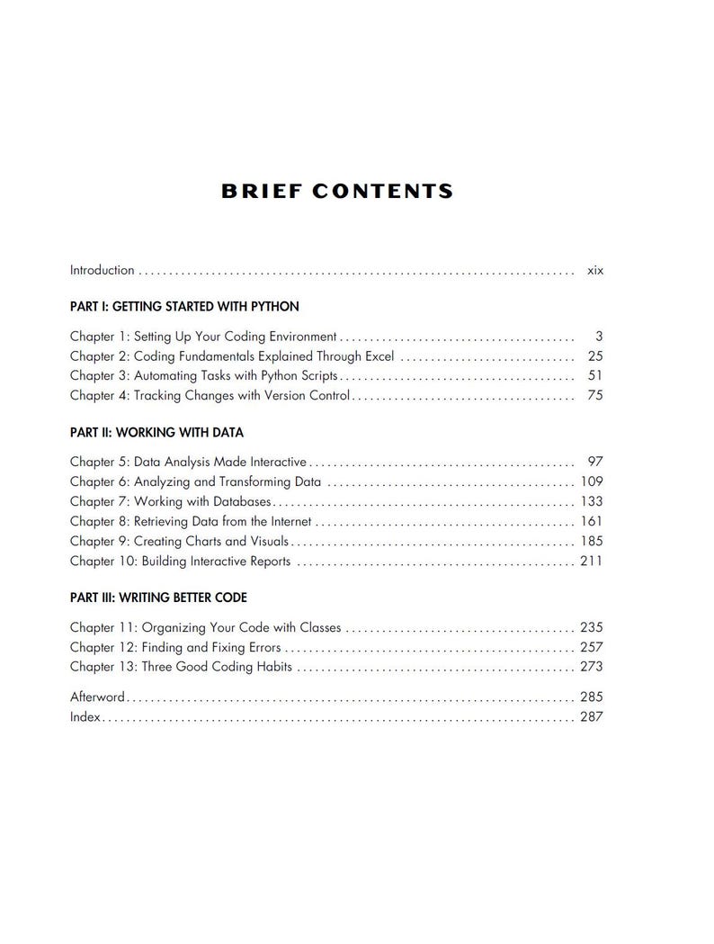 以下が含まれることがあります： 黒い太字で「BRIEF CONTENTS」と書かれた白いページ。内容は、Pythonコーディング、データ分析、より良いコードの書き方に関する章をリストしています。ページ番号は右側にあります。