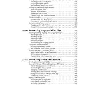 May include: A table of contents from a technical manual, listing topics such as backing up files, automating image and video files, and automating mouse and keyboard functions. The page numbers are listed on the right.