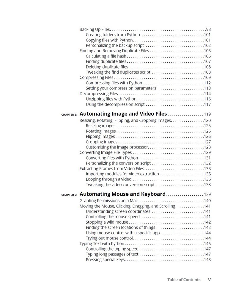 May include: A table of contents from a technical manual, listing topics such as backing up files, automating image and video files, and automating mouse and keyboard functions. The page numbers are listed on the right.