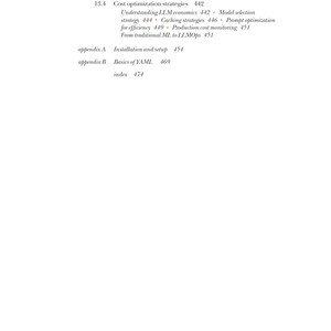 Op de afbeelding: Een pagina uit een boek met de titel "CONTENTS" bovenaan. De pagina bevat verschillende onderwerpen, waaronder "Kostenoptimalisatiestrategie&euml;n", "LLM-economie begrijpen" en "Basics of YAML". Het paginanummer "ix" staat rechtsboven.