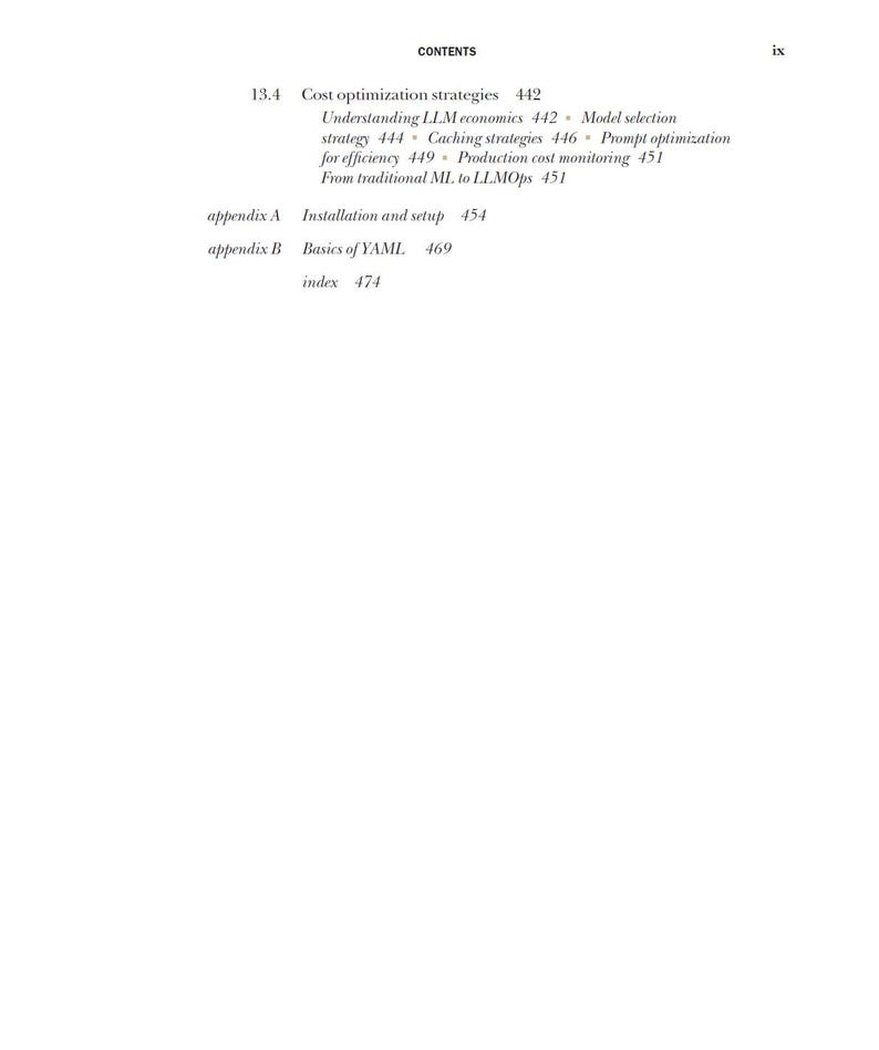 Op de afbeelding: Een pagina uit een boek met de titel "CONTENTS" bovenaan. De pagina bevat verschillende onderwerpen, waaronder "Kostenoptimalisatiestrategie&euml;n", "LLM-economie begrijpen" en "Basics of YAML". Het paginanummer "ix" staat rechtsboven.