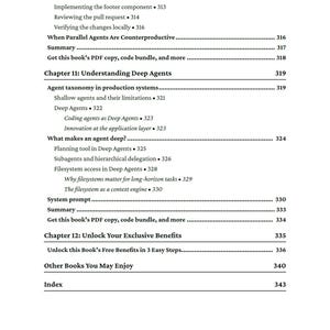 Op de afbeelding: Een pagina uit een boek met een inhoudsopgave, met hoofdstuktitels en paginanummers. De tekst bevat "Understanding Deep Agents" en "Unlock Your Exclusive Benefits". Zwarte tekst op een witte achtergrond.