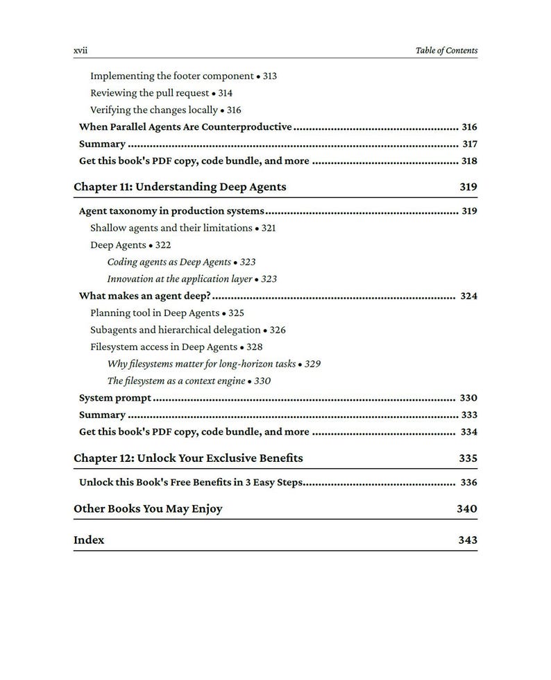 Op de afbeelding: Een pagina uit een boek met een inhoudsopgave, met hoofdstuktitels en paginanummers. De tekst bevat "Understanding Deep Agents" en "Unlock Your Exclusive Benefits". Zwarte tekst op een witte achtergrond.