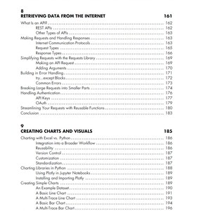以下が含まれることがあります： 技術書の一ページで、目次と章のタイトルが記載されています。「インターネットからのデータ取得」や「グラフとビジュアルの作成」などのタイトルが含まれています。ページ番号が表示されています。