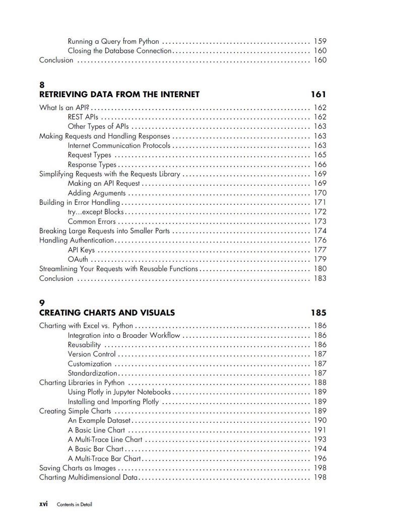 以下が含まれることがあります： 技術書の一ページで、目次と章のタイトルが記載されています。「インターネットからのデータ取得」や「グラフとビジュアルの作成」などのタイトルが含まれています。ページ番号が表示されています。