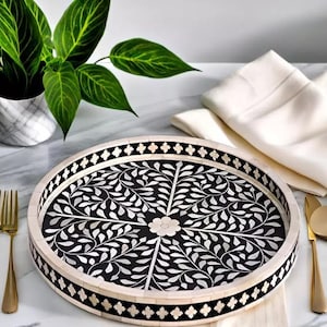 Round Bone Inlay Serving Tray  Black Floral Pattern Decorative Tray for Coffee Table  Home Decor