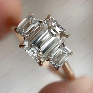 Three Stone Emerald Cut Moissanite Engagement Ring, Trilogy Emerald Ring, Three Stone Engagement Ring 10K Gold Ring, Pat Present Future Ring