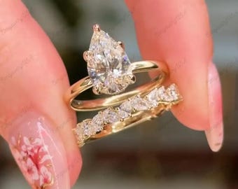 3カラットのペアシェイプモアッサナイト婚約指輪セット、14Kゴールドのエタニティウェディングバンド