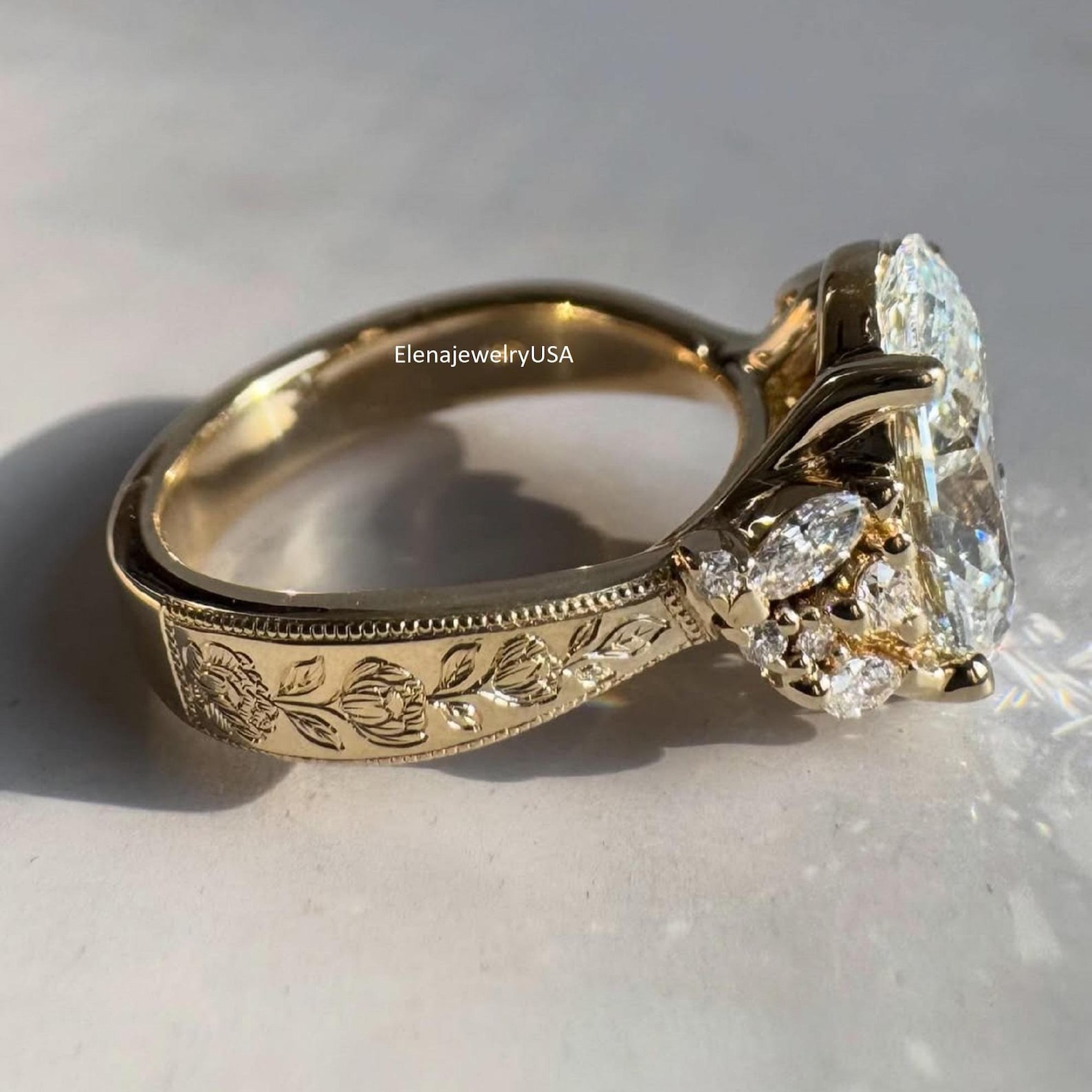 Vintage Oval Moissanite Engagement Ring, Art Deco 14K Gold Wedding Ring ...
