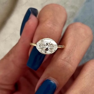 Half Bezel Set 3 CT Oval Cut Moissanite Engagement Ring East To West Oval Diamond Ring 10K Gold Wedding Ring Oval Solitaire Ring For Women